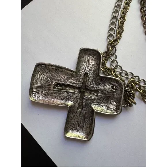 Y2K Vintage Womens Chunky Tiered Studded Beaded Chain Cross Necklace Western - Picture 7 of 8
